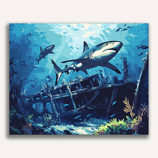 Sharks Circling a Shipwreck Paint by Numbers