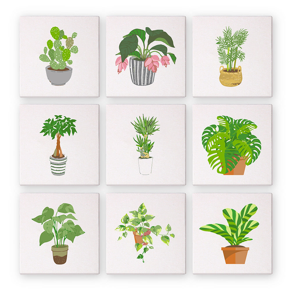 Mini Paint by Numbers Series 'Green Plants' - 9-in-1 Set (6"x6" / 15x15cm)