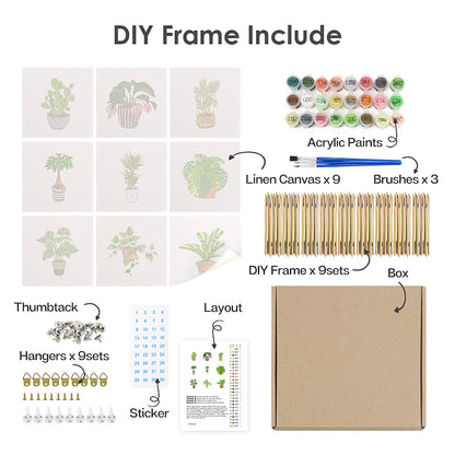 Mini Paint by Numbers Series 'Green Plants' - 9-in-1 Set (6"x6" / 15x15cm)