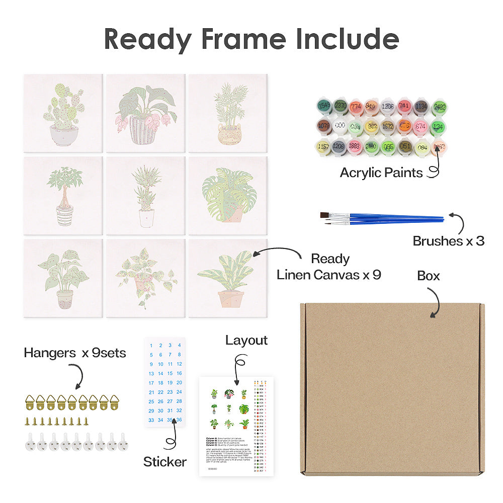 Mini Paint by Numbers Series 'Green Plants' - 9-in-1 Set (6"x6" / 15x15cm)
