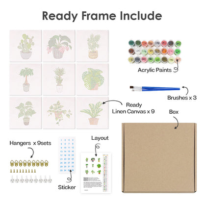 Mini Paint by Numbers Series 'Green Plants' - 9-in-1 Set (6"x6" / 15x15cm)