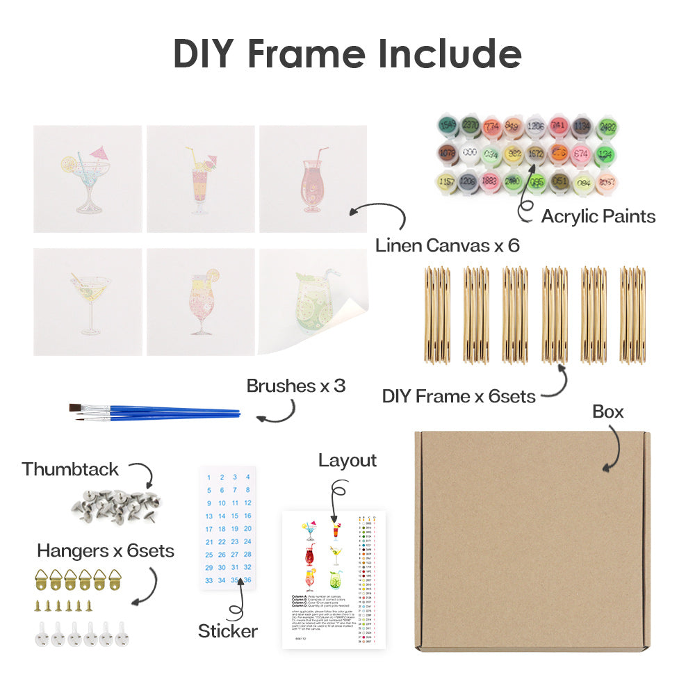 Mini Paint by Numbers Series #01: 'Summer Drinks' - 6-in-1 Set (6"x6" / 15x15cm)