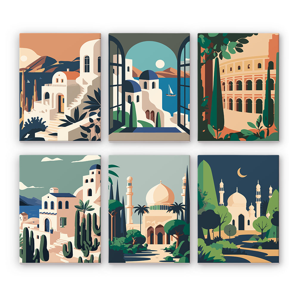 Mini Paint by Numbers Series 'architecture' - 6-in-1 Set (6"x8" / 15x20cm）