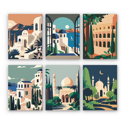 Mini Paint by Numbers Series 'architecture' - 6-in-1 Set (6"x8" / 15x20cm）